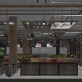 Supermarket Department Store Interior With Fresh Fruit Vegetable Displays Shelves Pendant Lights And Wooden Pillars