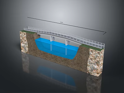 Bridge Cross Section Model Featuring Water Area Rocky Slopes And Guardrails 3d model