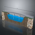 Bridge Cross Section Model Featuring Water Area Rocky Slopes And Guardrails