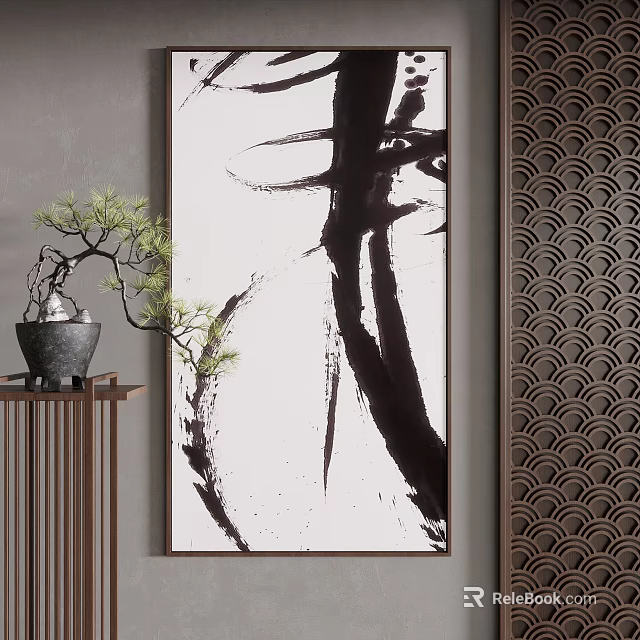 Traditional Ink Painting With Calligraphy Style And Pine Bonsai On Wooden Stand 3d model 
