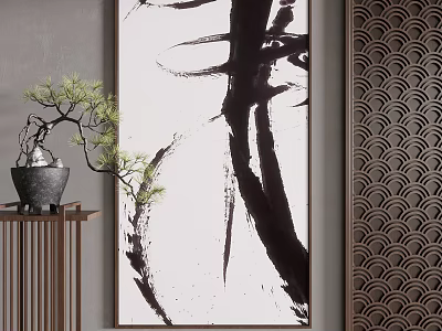 Traditional Ink Painting With Calligraphy Style And Pine Bonsai On Wooden Stand 3d model