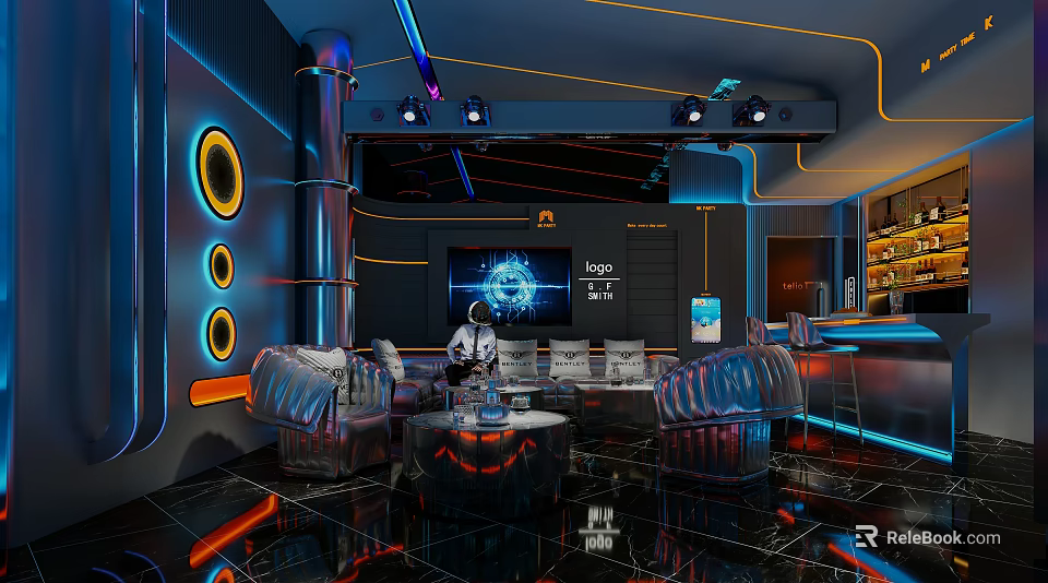 Modern KTV Interior Design With Neon Lights Large Screen And Leather Sofa Seats 3d model 