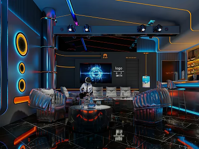 Modern KTV Interior Design With Neon Lights Large Screen And Leather Sofa Seats 3d model