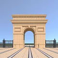 Grand Stone Entrance Gate With Arched Design And Black Fences In Paved Square
