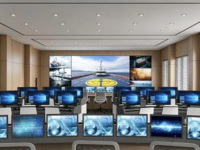 Advanced Control Room Featuring Multiple Workstations And Large Monitoring Screens 3d model