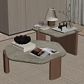 Modern Minimalist Coffee Table With Stone Top Wooden Legs Lamp Magazines And Headphones