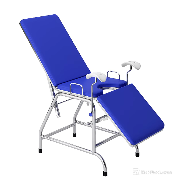 Blue Medical Examination Table With Metal Frame Adjustable Armrests And Footrest 3d model 