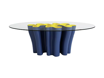 Contemporary Dining Table With Glass Top Blue Curved Base And Yellow Accents 3d model