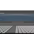 Modern Stage With Blue Lighting Arranged Seats Large Screen And Geometric Decorations