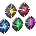 Five Colored Shield Shaped Emblems With Glowing Centers And Metallic Design