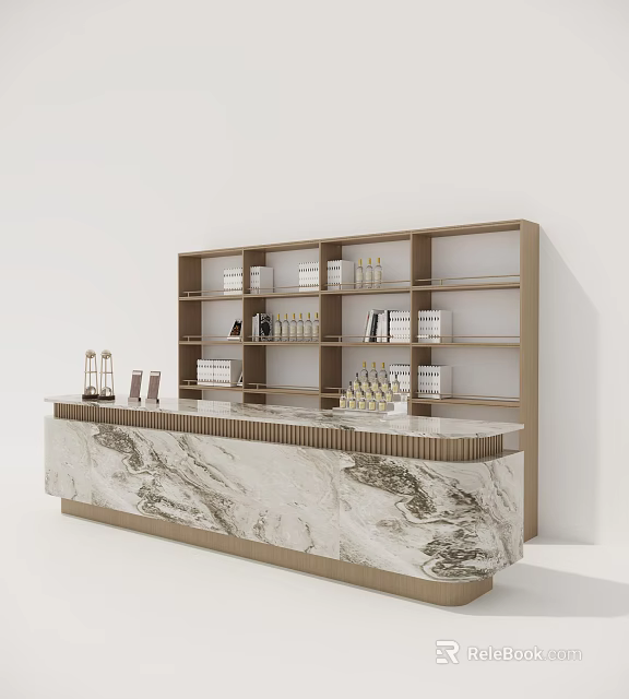 Modern Reception Desk With Marble Countertop And Wooden Shelves With Books And Bottles 3d model 