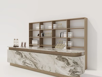 Modern Reception Desk With Marble Countertop And Wooden Shelves With Books And Bottles 3d model