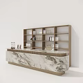Modern Reception Desk With Marble Countertop And Wooden Shelves With Books And Bottles