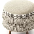Handcrafted Woven Footstool With Tassel Trim And Wooden Legs In Neutral Tone