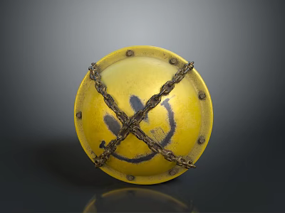 Round Yellow Medieval Shield With Crossed Iron Chains And Black Smiley Face Design 3d model