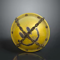 Round Yellow Medieval Shield With Crossed Iron Chains And Black Smiley Face Design