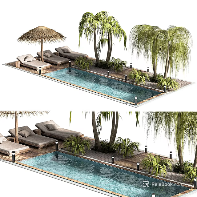 Outdoor Poolside Lounge Space with Thatched Umbrella Lounge Chairs Palm Trees and Greenery 3d model 