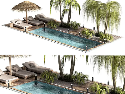Outdoor Poolside Lounge Space with Thatched Umbrella Lounge Chairs Palm Trees and Greenery 3d model