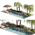 Outdoor Poolside Lounge Space with Thatched Umbrella Lounge Chairs Palm Trees and Greenery