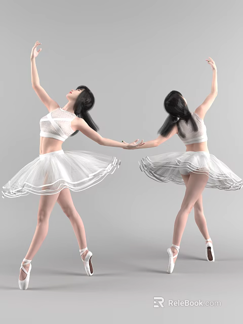 Two Women Dancing in White Tutus Holding Hands in Ballet Pose with Flowing Skirts 3d model 