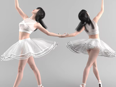 Two Women Dancing in White Tutus Holding Hands in Ballet Pose with Flowing Skirts 3d model