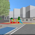 Garden Ornaments in Children Playground with Green Trees Colorful Pavement and Kids Playing