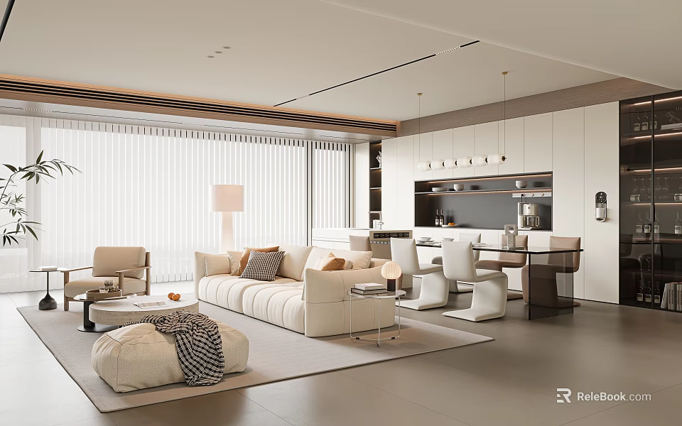 Modern Living And Dining Room Interior Design With Sofa Coffee Table And Pendant Lights 3d model 