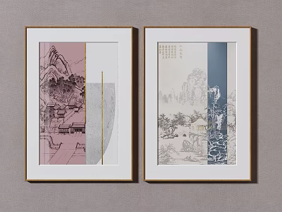 Chinese Landscape Decorative Paintings With Pink Blue Tones And Golden Frames In Modern Style 3d model