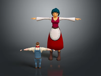 3D Female Character With Blue Hair Red Dress White Apron And Small Male Character In Overalls Arms Outstretched 3d model