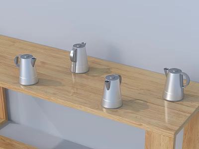 Four Silver Electric Kettles Displayed On Wooden Shelf For Home Use 3d model