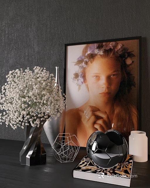 Decorative Ornament Set with Photo Frame White Flower Bouquet Vase Geometric and Black Spherical Ornaments 3d model 