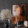 Decorative Ornament Set with Photo Frame White Flower Bouquet Vase Geometric and Black Spherical Ornaments