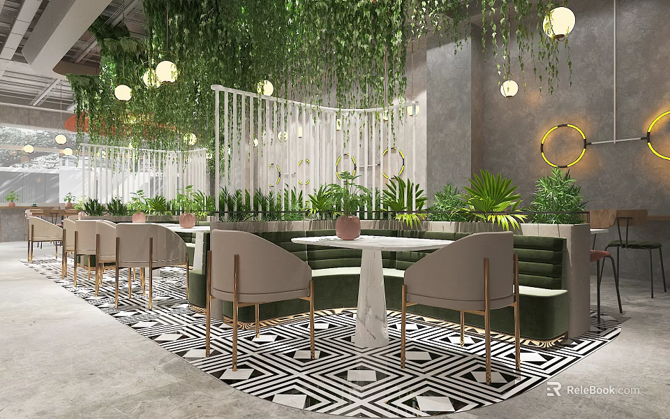 Modern Open Restaurant Interior With Green Plants Hanging Lights And Black White Floor Tiles 3d model 