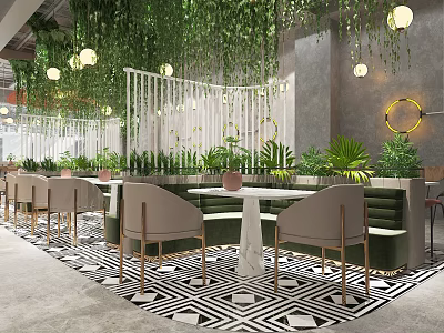 Modern Open Restaurant Interior With Green Plants Hanging Lights And Black White Floor Tiles 3d model
