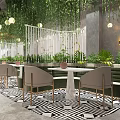 Modern Open Restaurant Interior With Green Plants Hanging Lights And Black White Floor Tiles