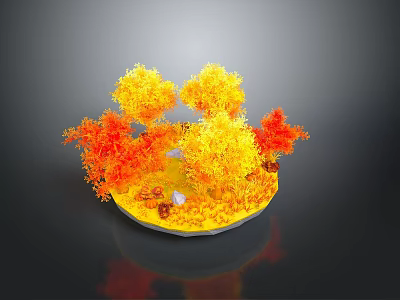 Autumn Trees with Yellow and Orange Leaves and Small Mushrooms on Fallen Leaves Ground 3d model