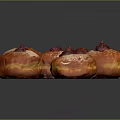 Six Fresh Donuts With Red Jam Topping And Powdered Sugar On Gray Background