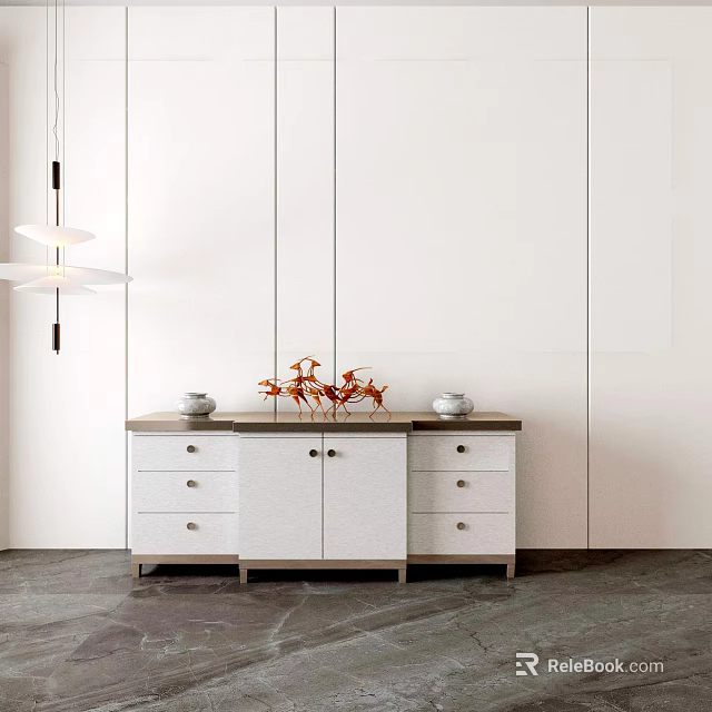 Modern White Sideboard With Marble Top Drawers Cabinets And Decorative Plants 3d model 