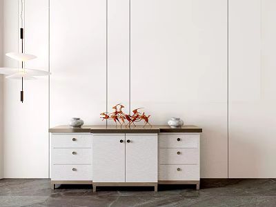 Modern White Sideboard With Marble Top Drawers Cabinets And Decorative Plants 3d model
