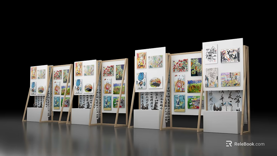 Art Installation with Wooden Frames Displaying Colorful Artworks Arranged in Rows on White Boards 3d model 