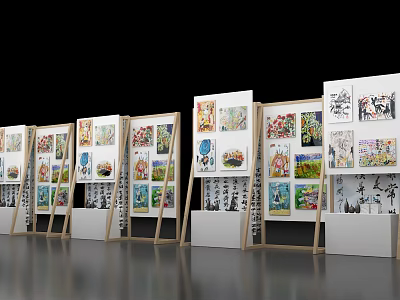 Art Installation with Wooden Frames Displaying Colorful Artworks Arranged in Rows on White Boards 3d model