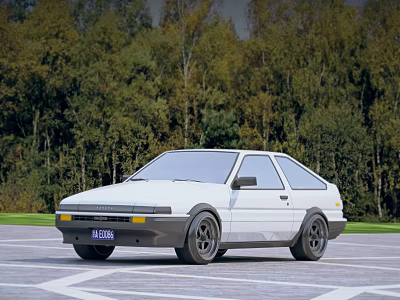 White Classic Car Parked In Open Parking Area With Trees 3d model