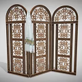Classic Three Panel Wooden Room Divider Featuring Arched Top And Intricate Carvings