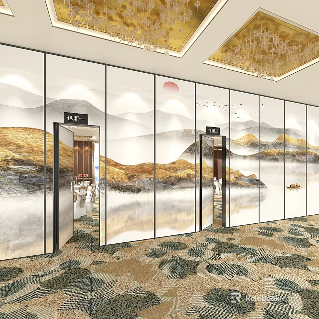 Elegant Banquet Hall Interior With Landscape Pattern Wall Panels Doors Patterned Carpet And Ceiling Lights 3d model 