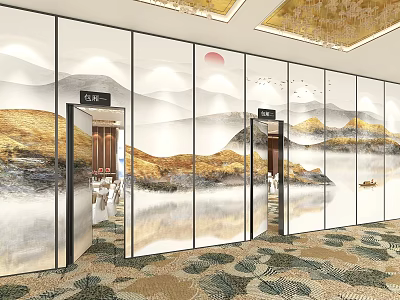 Elegant Banquet Hall Interior With Landscape Pattern Wall Panels Doors Patterned Carpet And Ceiling Lights 3d model