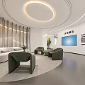 Modern Corporate Showroom Interior With White Sofa Green Chairs And Display Screen 3d model