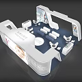 Modern Exhibition Booth Design With White Structure Blue Flooring Sofas And Display Screens 3d model