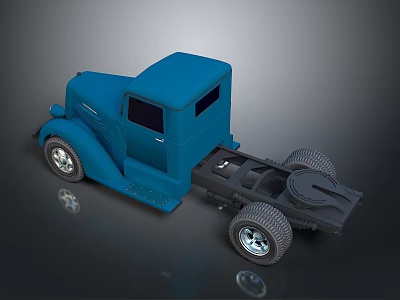 Blue Vintage Truck Model with Detailed Trailer Chassis and Classic Design Features 3d model
