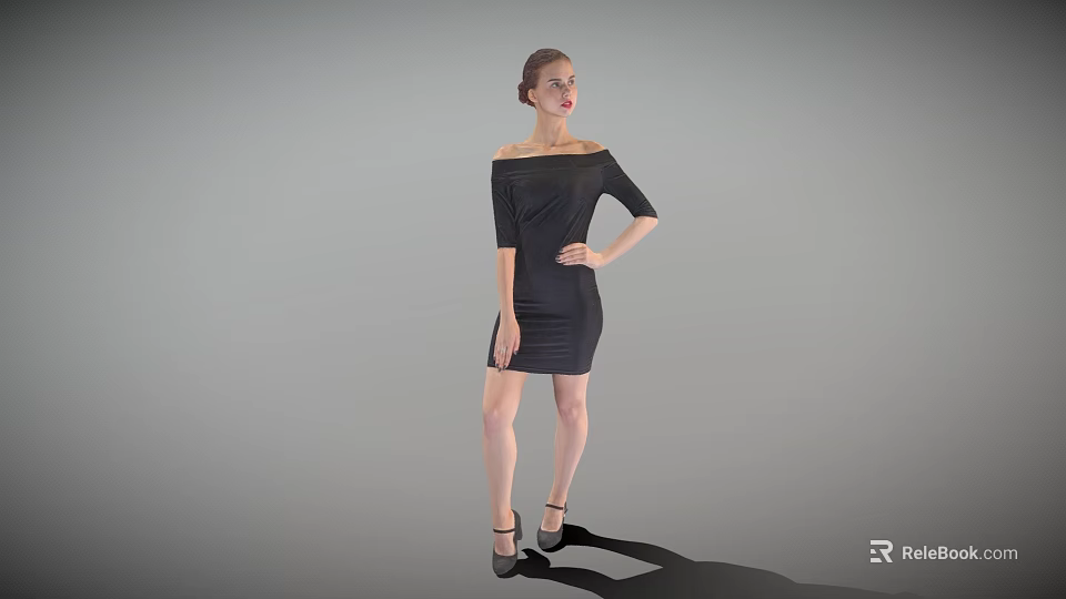 Woman In Off The Shoulder Black Dress Standing With High Heels On Gray Background 3d model 