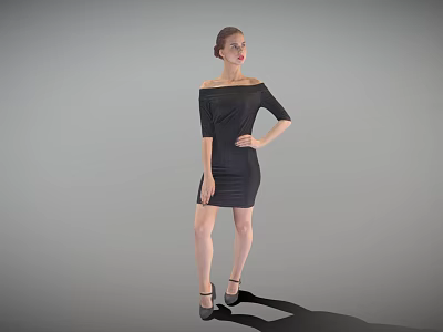 Woman In Off The Shoulder Black Dress Standing With High Heels On Gray Background 3d model